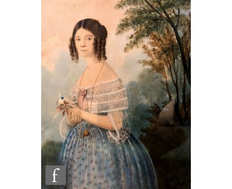 ENGLISH SCHOOL (MID 19TH CENTURY) - Portrait of a young lady wearing a blue dress standing beside a tree, watercolour, framed