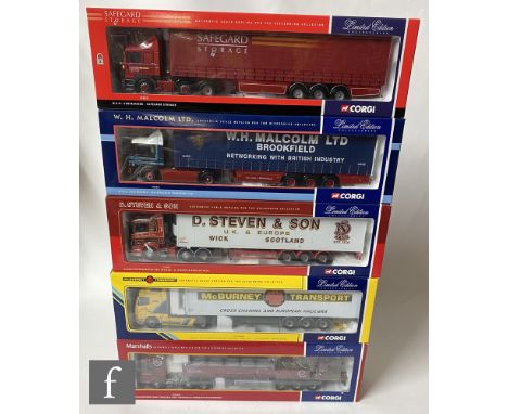 Five Corgi 1:50 scale diecast models, to include CC12219 Marshalls Landscape Transformers Scania Dropside Crane, CC12409 McBu
