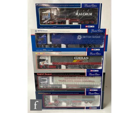 Five Corgi 1:50 scale diecast models, comprising CC12221 British Sugar Scania 4 Series Curtainside, CC12907 D Curran &amp; So