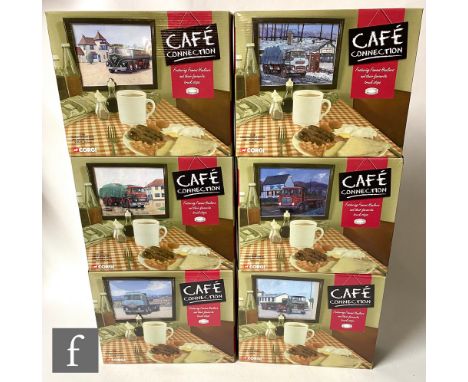 Six Corgi Cafe Connection 1:50 scale diecast models with cold cast dioramas, comprising C11603, CC10801, CC11501, CC11601, CC