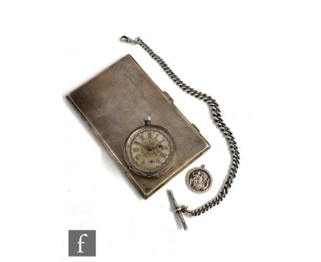 A hallmarked silver rectangular engine turned cigarette case, weight 6.5oz, Birmingham 1919, with a silver pocket watch, Albe