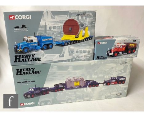 Three Corgi Heavy Haulage 1:50 scale diecast model sets, comprising 18007 Wrekin Roadways Scammell Contractor x 2, 24 Wheel G