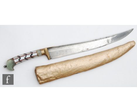 A late 19th to early 20th Century Indian dagger, the hilt of zig-zag and mother of pearl design, curved 20cm blade, later gil