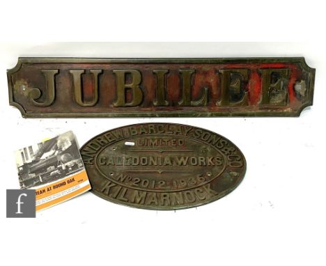 AMENDED - A Jubilee locomotive brass name plate, raised lettering on a red background, 16.5cm x 83cm, and the oval Andrew Bar