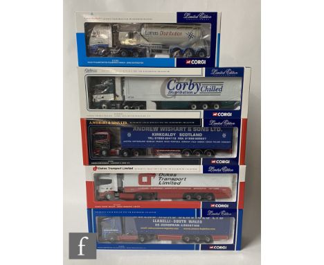 Five Corgi 1:50 scale diecast models, comprising CC12216 Corby Chilled Distribution Scania Fridge Trailer, CC12201 A Wishart 