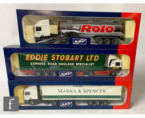 Three Tekno 1:50 scale ERF diecast models, comprising The British Collection No. 50 Eddie Stobart Curtainside, Marks and Spen