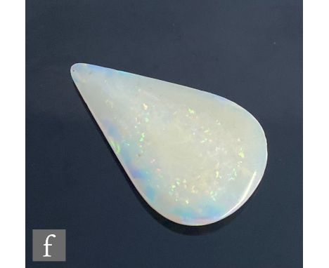 A cut and polished loose pear shaped opal, length 32mm, width at widest point 20mm, depth 4.7mm,&nbsp; weight approximately 1