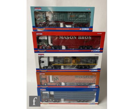 Five Corgi Hauliers of Renown 1:50 scale diecast models, comprising CC12926 Mulgrew Haulage Scania Topline Curtainside, CC124