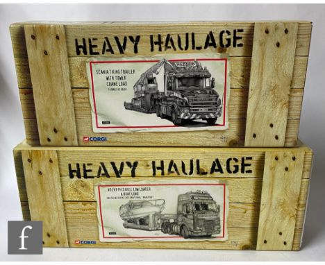 Two Corgi Heavy Haulage 1:50 scale diecast models, CC12804 Thomas Herron Scania King Trailer with Tower Crane Load and CC1241
