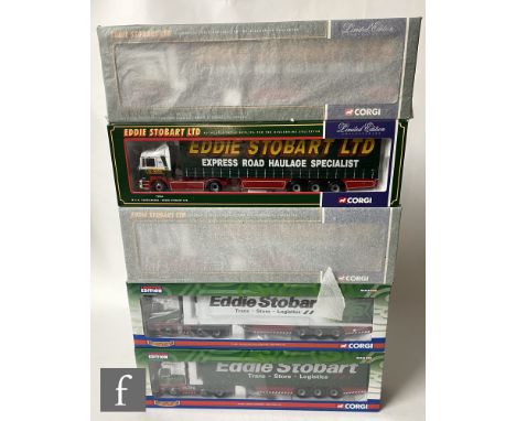 Five Corgi Eddie Stobart 1:50 scale diecast models, comprising 75804 MAN Curtainside, CC13401 MAN TGA Curtainside, CC13801 Me