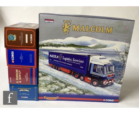 Five Corgi 1:50 scale diecast models including Hauliers of Renown, including CC99174 WH Malcolm set comprising MAN TGA XL, Vo