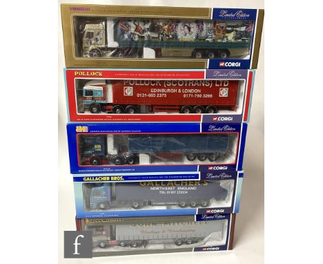 Five Corgi 1:50 scale diecast models, CC12001 John Mitchell Man Curtainside, 75803 Gallacher Bros. M.A.N. Curtainside, CC1211