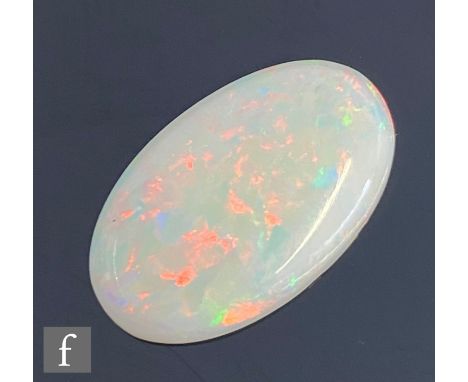 A loose cut and polished oval opal, length 20mm, width 12mm, depth 4.6mm, total weight approximately 7ct. 