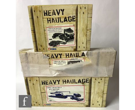 Three Corgi Heavy Haulage 1:50 scale diecast models, comprising CC12818 G O'Brien &amp; sons Scania T Cab King Trailer with T