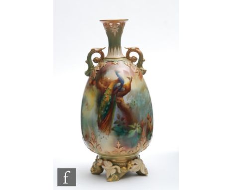 An early 20th Century Royal Worcester vase of gourd form with an applied moulded foot and shaped handles, the body decorated 