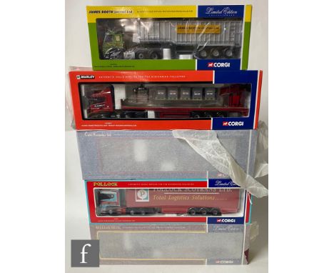 Five Corgi 1:50 scale diecast models, comprising CC12217 Marley Building Materials Scania Crane Trailer &amp; Load, CC12807 C