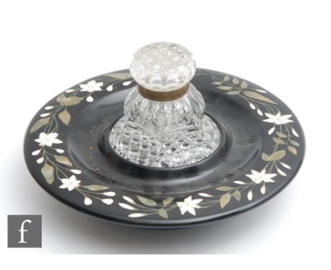 An Ashford marble inkwell of circular pedestal form&nbsp;decorated with inlaid coloured hardstones in a floral motif, with a 