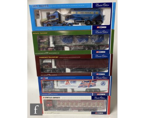 Five Corgi 1:50 scale diecast models, comprising CC12801 Ian Hayes Scania T-Cab Feldbinder Tanker, CC11902 Castle Cement ERF 