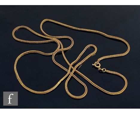 An 18ct fox tail link chain terminating in bolt ring fastener, weight 14.5g, length 80cm, stamped 750, S/D. 