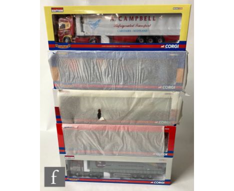Five Corgi Hauliers of Renown 1:50 scale diecast models, comprising CC12933 Edward Gilder Scania Topline Fridge Trailer, CC13