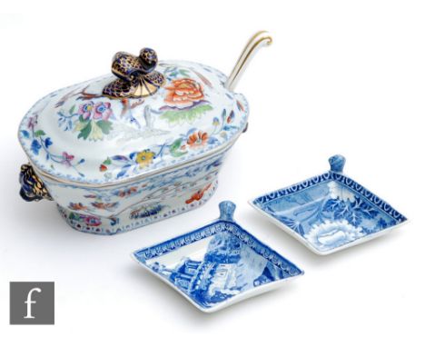 A small 19th Century Davenport Stone China tureen and cover decorated with a blue and white transfer with tinted colour, prin