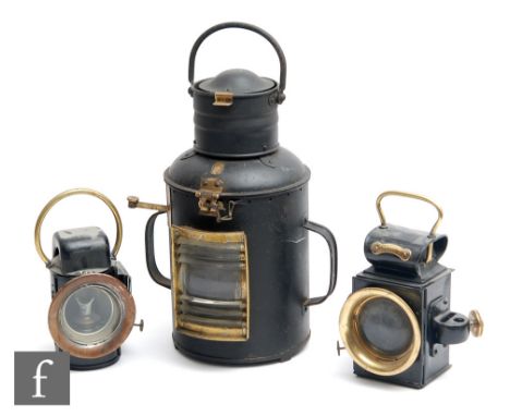 A ships hand lamp, maker PL, no 4721, height 45cm, a Miller car lamp and a similar car lamp. (3) 