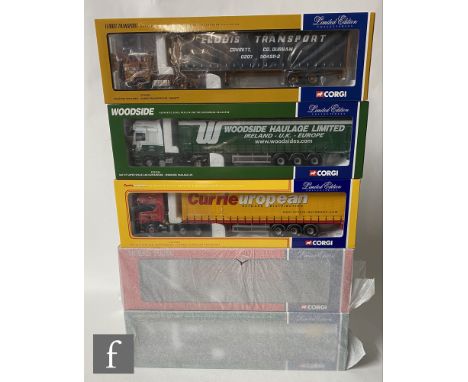 Five Corgi 1:50 scale diecast models, comprising CC12416 Jefferies of Otley Volvo FH Globetrotter Curtainside, CC12609 Morris
