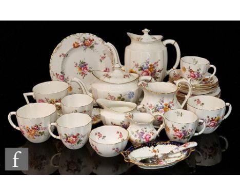 A collection of Royal Crown Derby Derby Posies teawares comprising a coffee pot, a teapot, three breakfast cups and saucers, 