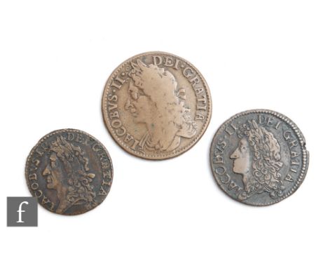 Three pieces of James II Gun Money (1689-1690) to include two half crowns both XXX May 1690 and a shilling XII Nov 1689. (3) 