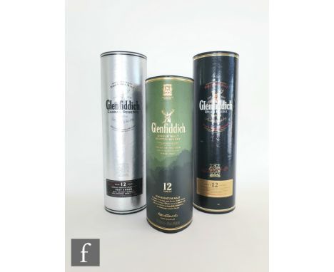 Three bottles of Glenfiddich single malt Scotch whisky, to include a 70cl bottle of Caoran Reserve peat ember whisky, in orig