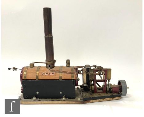 A vertical twin cylinder live steam marine engine with horizontal wood lagged boiler and detachable chimney stack, length 31c