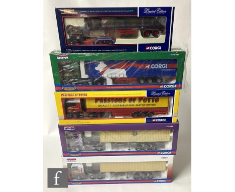Five Corgi 1:50 scale diecast models, to include CC12930 R.S. Carmichael Haulage/ No Ordinary Joe Scania Topline Skeletal Tra