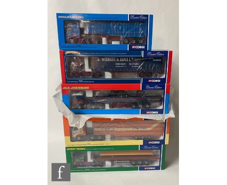Five Corgi 1:50 scale diecast models, comprising CC11805 Ernest Thorpe Transport Leyland DAF 85 Flatbed Trailer &amp; Steel L