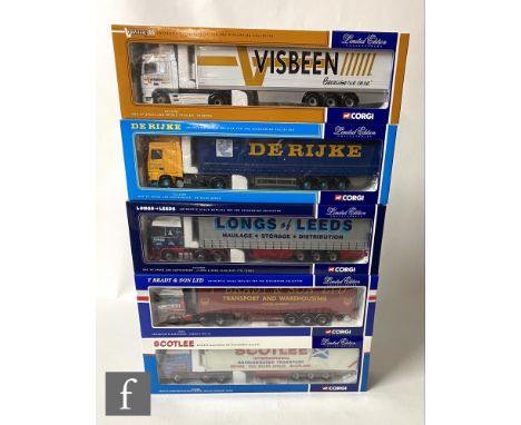 Five Corgi 1:50 scale diecast models, CC12420 Scotlee Transport Volvo FH Globetrotter Fridge Trailer, 75408 T Brady &amp; Son