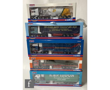 Five Corgi Hauliers of Renown 1:50 scale diecast models, comprising CC11912 K &amp; P Iddon ERF EC Series Step Frame Curtains