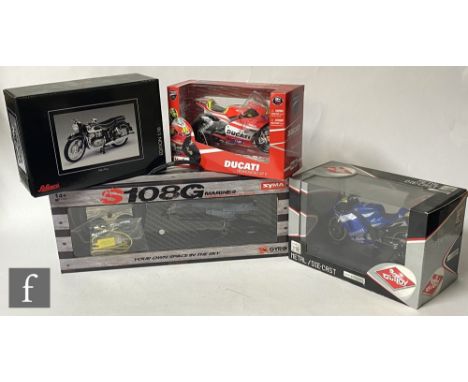 Three diecast model motorbikes, a Schuco 065 3200 1:10 scale NSU Max, a Maisto 31193 Ducati Desmosedici GP 11 and a Guiloy 1: