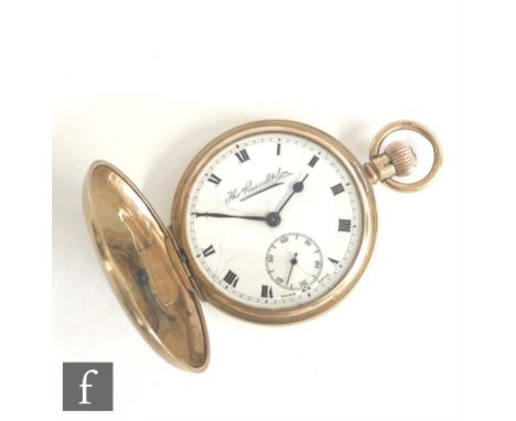 A 9ct hallmarked crown wind, full hunter pocket watch, Roman numerals to a white enamelled dial, case diameter 50mm, gold dus