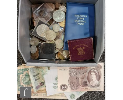 Various George V to George VI silver, nickel and copper coinage, foreign coinage and an assorted collection of banknotes incl