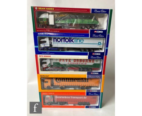 Five Corgi 1:50 scale diecast models, comprising CC12408 Doorenbos Transport BV Volvo FH12 Curtainside, 75802 Continental Rei