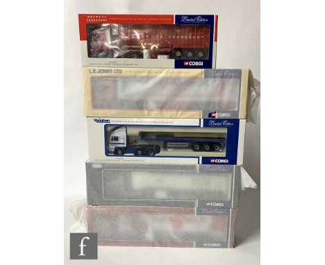 Five Corgi 1:50 scale diecast models, comprising CC12410 Knowles Transport Volvo FH Bulk Tipper, CC12902 Tunderman Transport 