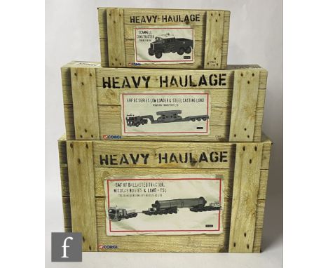 Three Corgi Heavy Haulage 1:50 scale diecast models, comprising CC13209 TSL Vanguard DAF XF Ballasted Tractor, Nicolas Bogies