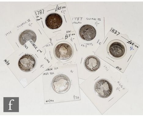 Nine George II shillings dated 1711, 1717, 1723, 1745 (Lima), 1758, 1787 x2, 1818 and 1837. (9) 