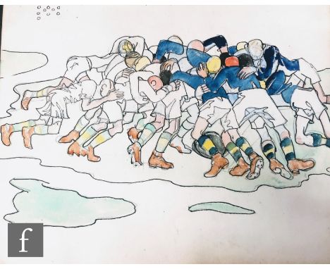 ALBERT WAINWRIGHT (1898-1943) -&nbsp;A sketch depicting a group of young men playing rugby in full scrum, to the reverse sket