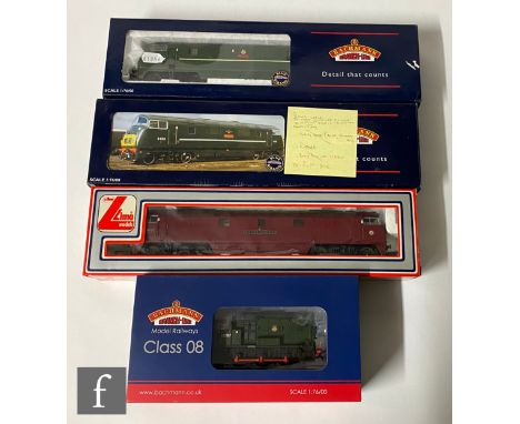 Four OO gauge diesel locomotives, comprising Bachmann 32-120 DCC Ready Class 08 BR green 13287, Bachmann 32-053 refinished as