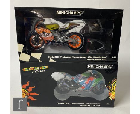 Two Minichamps 1:12 scale diecast model motorbikes, both Valentino Rossi, comprising 122 073096 Yahama YZR-M1 Fiat Yamaha Tea