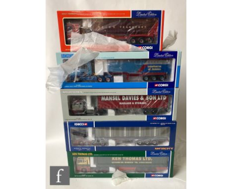 Five Corgi 1:50 scale diecast models, comprising CC12809 Longthornes Scania T Bulk Tipper, CC13206 Reid's Transport DAF XF Sp