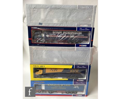 Five Corgi 1:50 scale diecast models, to include CC11906 J B McBean LTD. ERF EC Curtainside, CC12005 Pulleyn Transport Man Fr