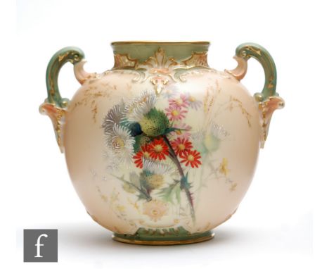 A late 19th Century Royal Worcester shape 1515 vase (lacking cover) decorated with hand painted thistles and flowers against 