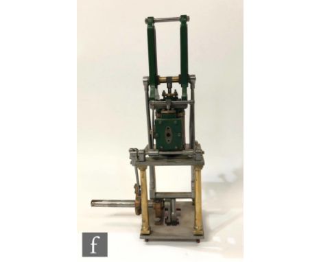 An unfinished vertical marine engine with single wood lagged cylinder, painted in green, height 30cm. 