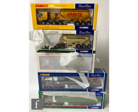 Five Corgi 1:50 scale diecast models, comprising CC12218 Ian Cragi Scania Dropside Crane Trailer, 76102 Canute Haulage Group 